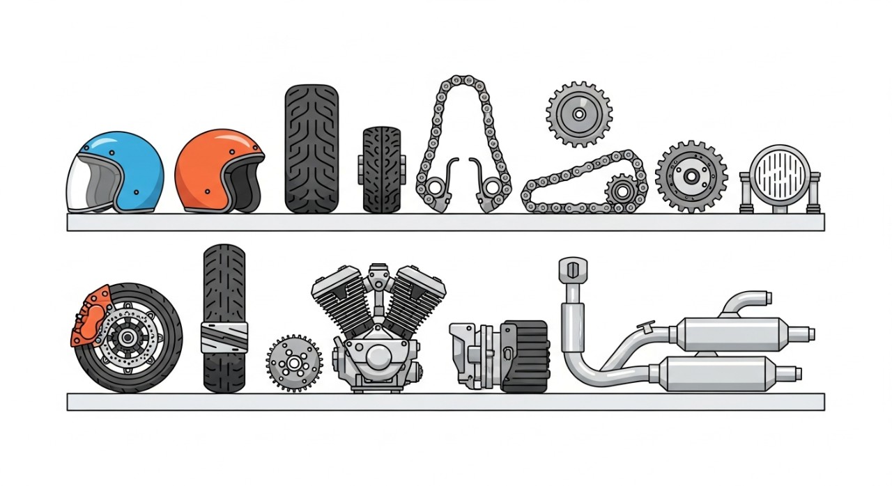 Pelbagai jenis alat ganti motosikal yang tersusun di rak.