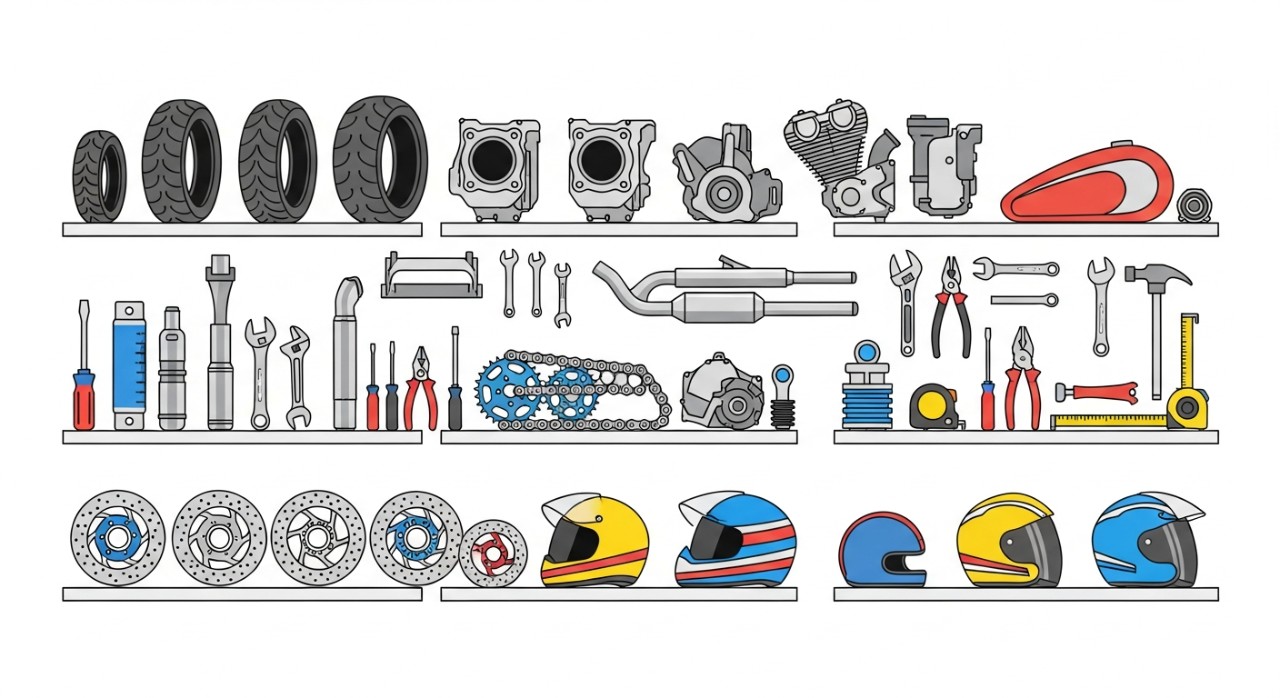 Pelbagai alat ganti motosikal dan peralatan bengkel tersusun rapi di rak.