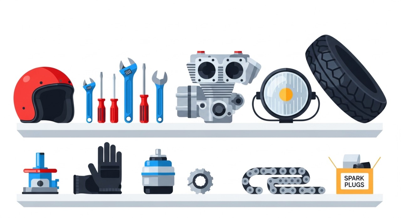 Pelbagai jenis alat ganti motosikal tersusun rapi di rak dalam bengkel.