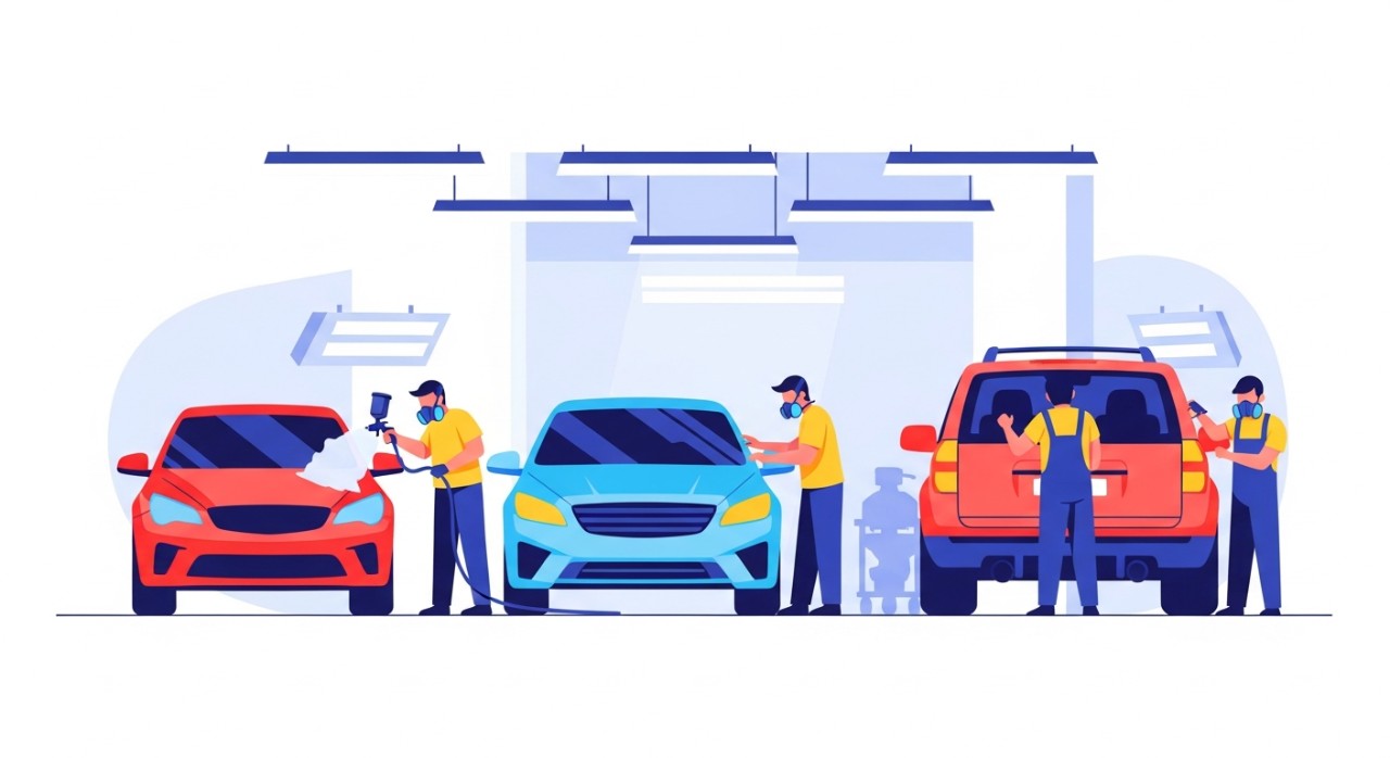 Sebuah bengkel cat kereta moden di Bangi dengan pekerja sedang melakukan pengecatan.