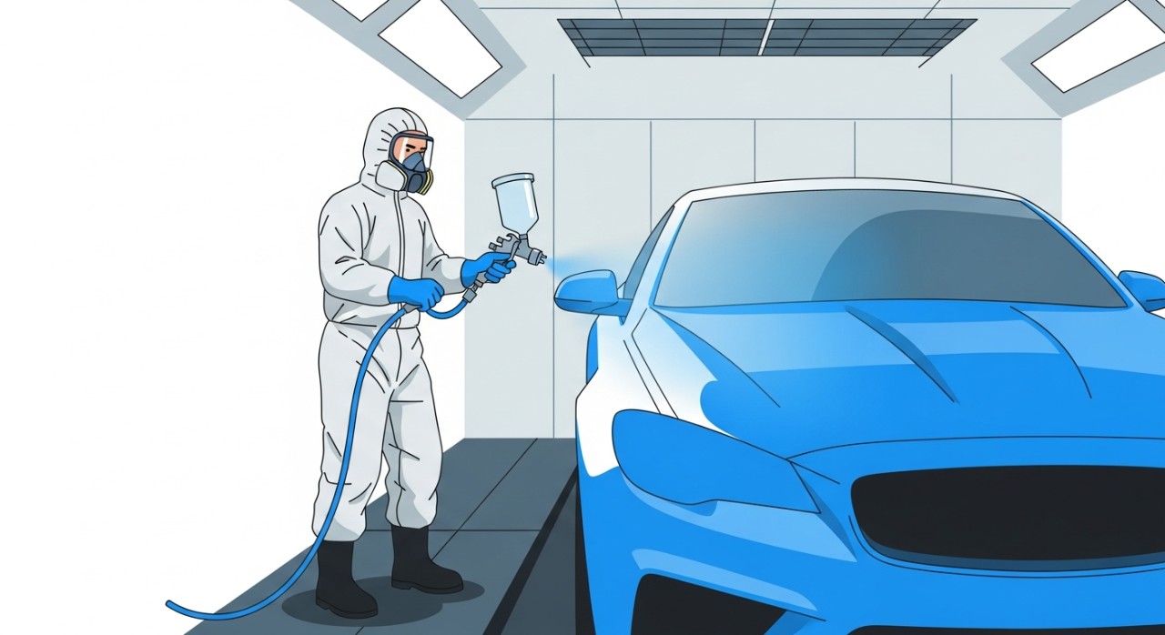 Seorang pekerja sedang menyembur cat pada badan kereta di dalam bilik mengecat profesional.