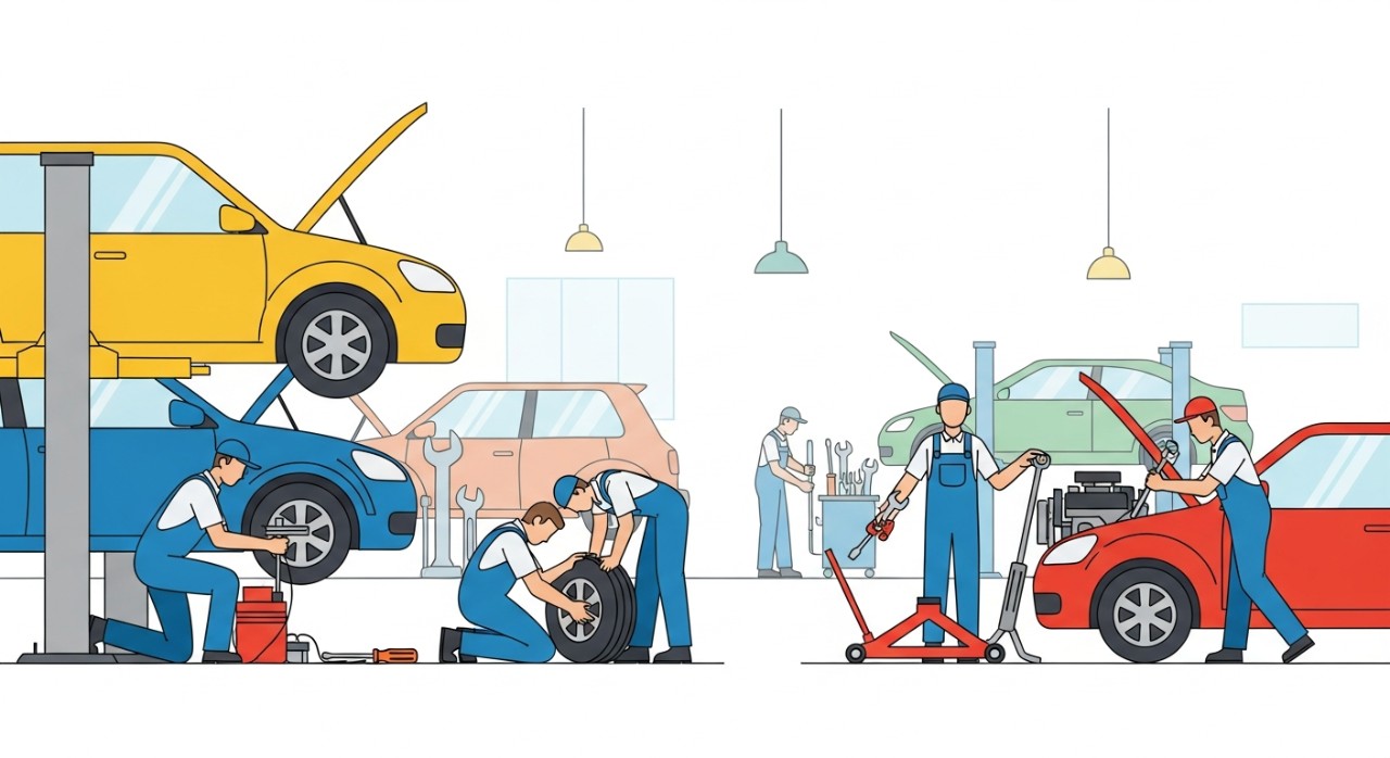 Sebuah bengkel kereta yang sibuk dengan mekanik sedang membaiki kenderaan.