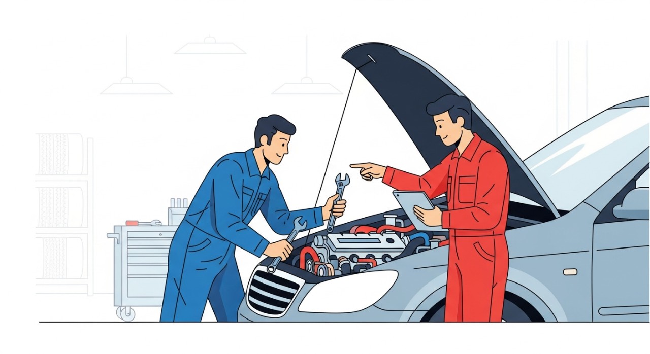 Mekanik sedang memeriksa enjin kereta di bengkel.