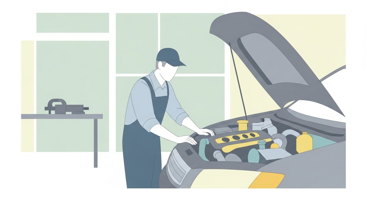 Mekanik sedang memeriksa bahagian enjin kereta di dalam bengkel.