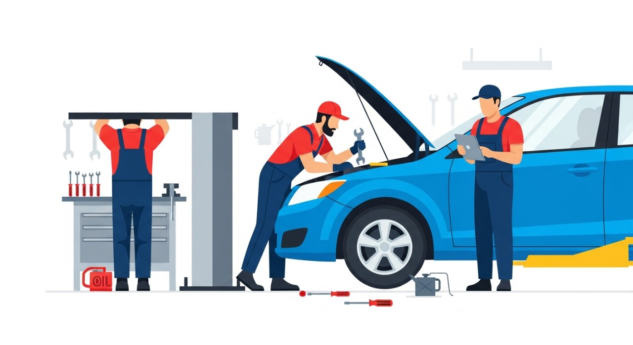 Mekanik sedang memeriksa kereta di dalam bengkel.