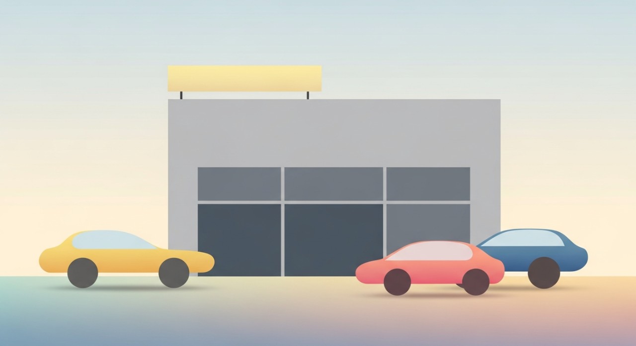 Pemandangan bahagian hadapan sebuah bengkel kereta yang menyediakan perkhidmatan membaiki kenderaan.