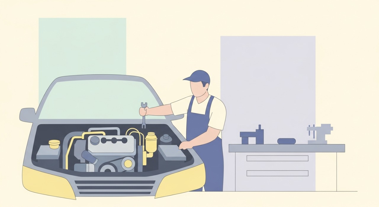 Seorang mekanik sedang memeriksa bahagian enjin kereta di dalam bengkel