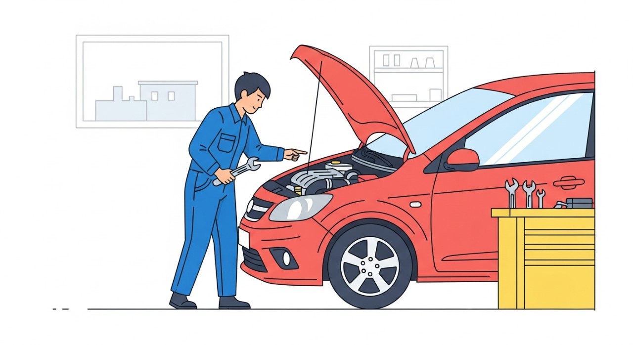 Seorang mekanik sedang memeriksa enjin kereta di dalam bengkel.