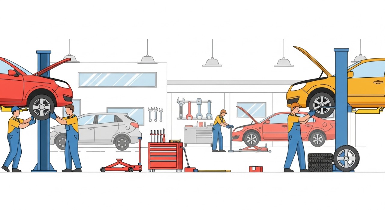 Sebuah bengkel kereta di kawasan Kajang sedang beroperasi.