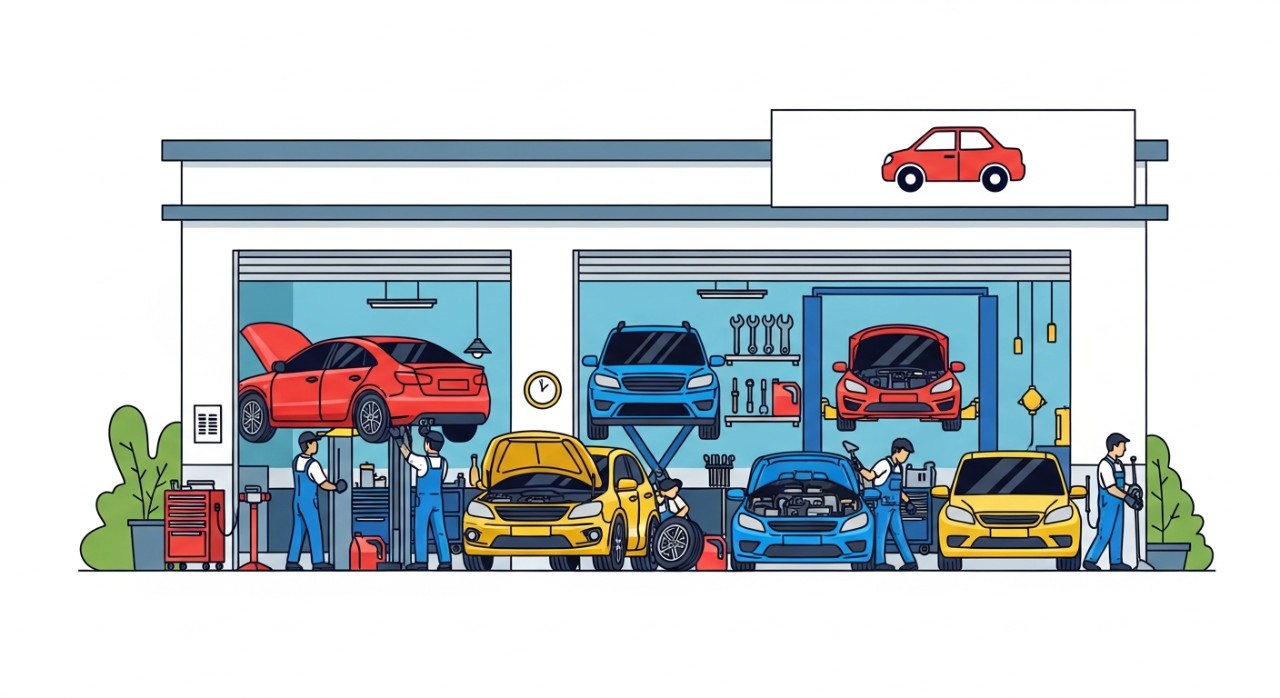 Pemandangan luar sebuah bengkel kereta yang sibuk dengan beberapa kereta sedang diservis di Kemaman.