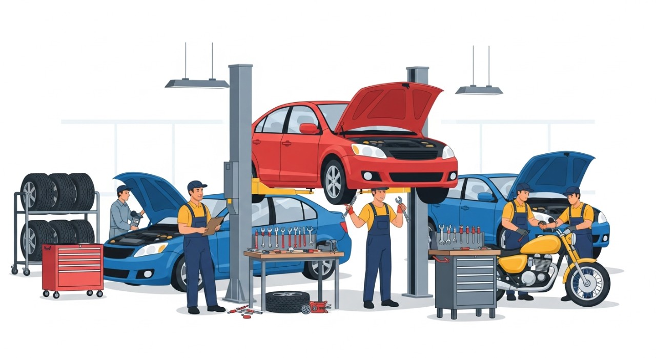 Sebuah bengkel kereta yang sibuk dengan beberapa kereta sedang dibaiki.