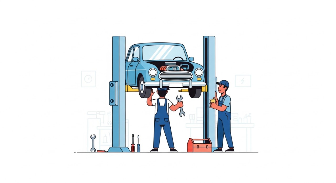 Pekerja sedang membaiki enjin kereta klasik di bengkel.