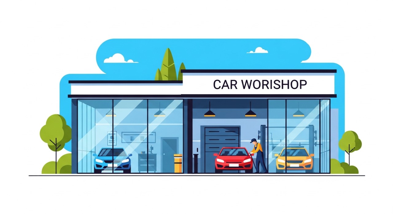 Pemandangan luar sebuah bengkel kereta moden.