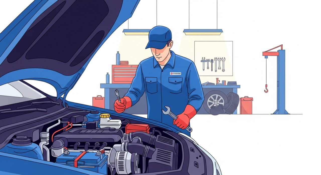 Seorang mekanik sedang memeriksa bahagian enjin kereta di dalam sebuah bengkel yang moden.