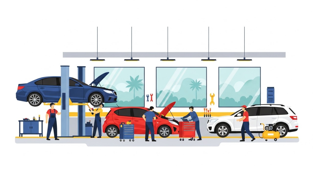 Pemandangan sebuah bengkel kereta yang moden dan sibuk di kawasan Puncak Alam.