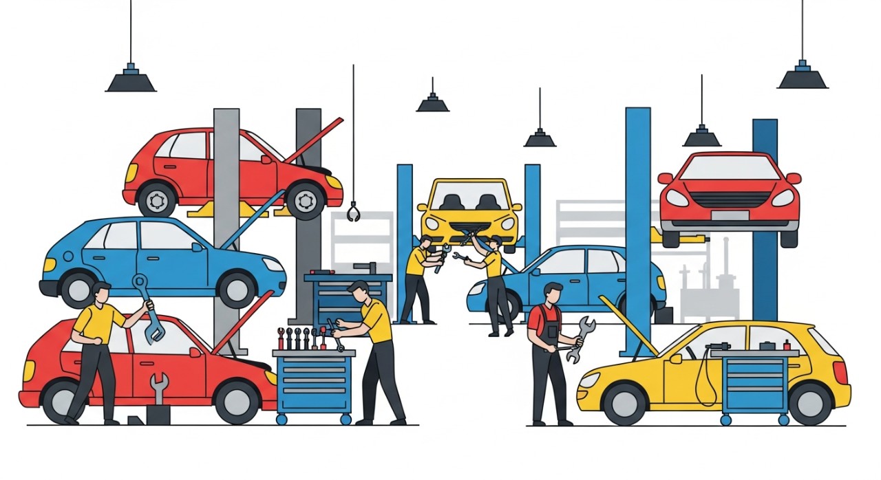 Sebuah bengkel kereta yang sibuk dengan beberapa kereta sedang dibaiki.