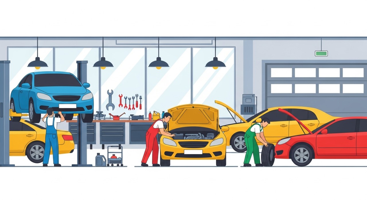 Pemandangan hadapan sebuah bengkel kereta yang sibuk dengan beberapa kereta sedang dibaiki.