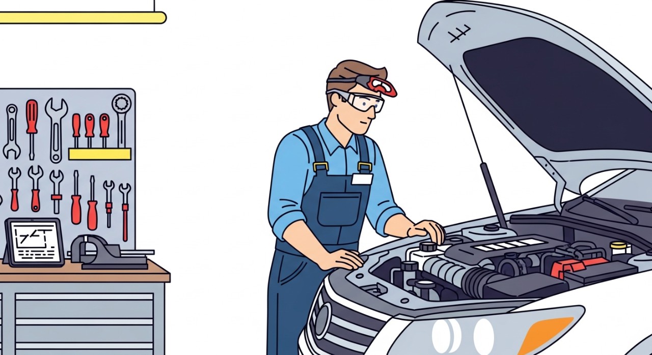 Seorang mekanik sedang memeriksa enjin kereta di dalam bengkel yang bersih