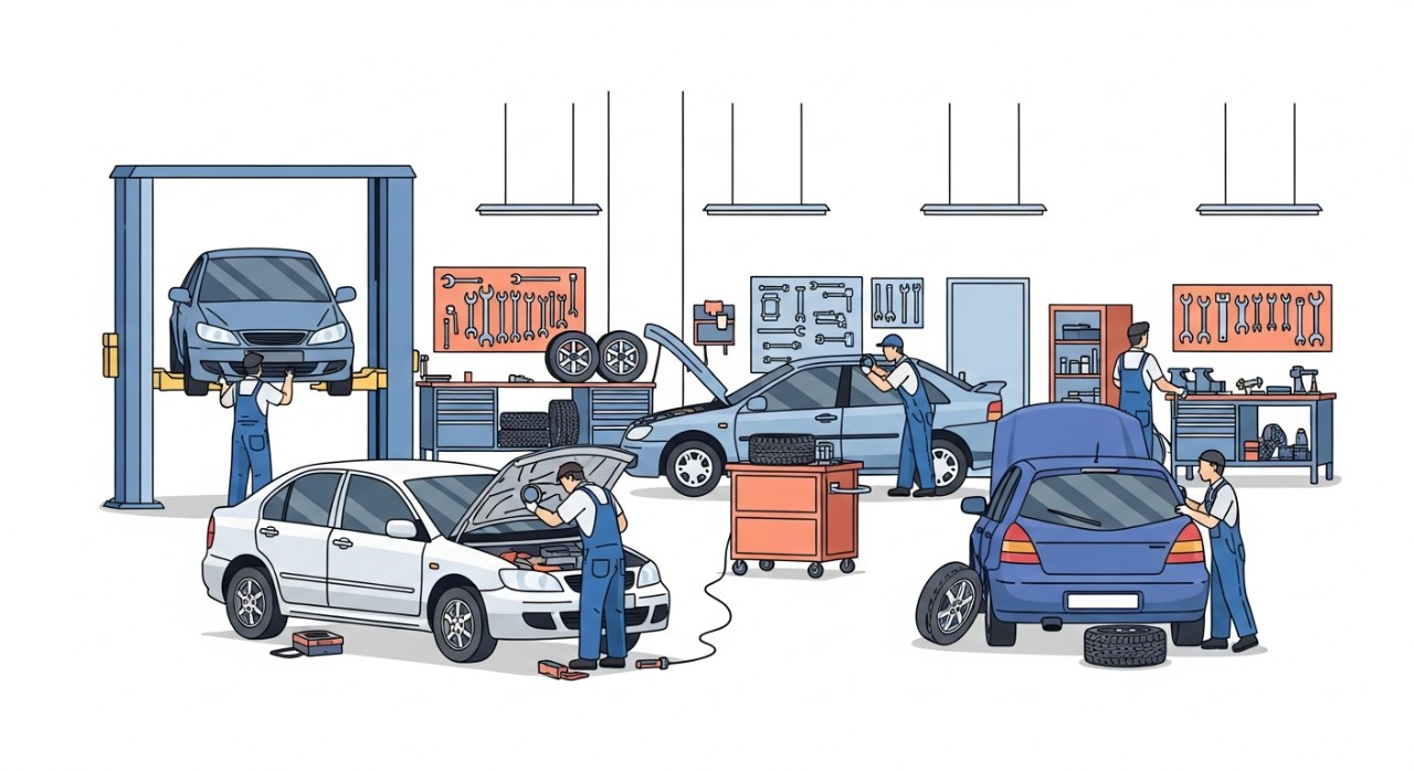 Sebuah bengkel kereta yang sibuk di kawasan Taman Medan
