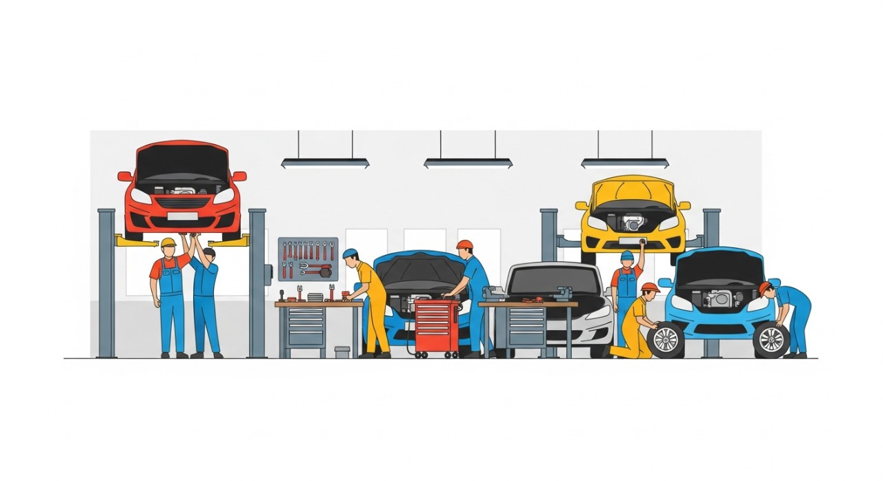 Sebuah bengkel kereta yang sibuk dengan mekanik sedang bekerja di Telok Panglima Garang.