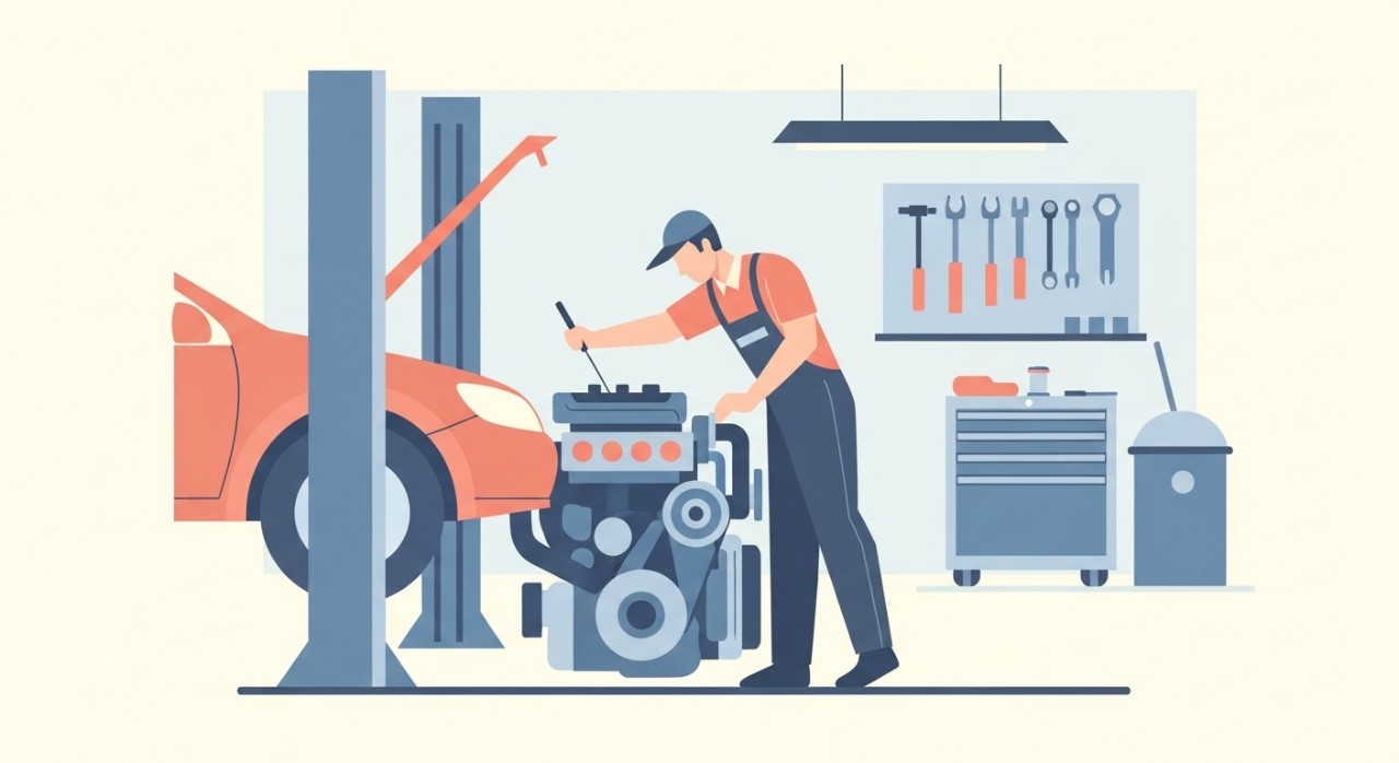 Seorang mekanik sedang memeriksa enjin kereta di dalam bengkel yang lengkap dengan peralatan.