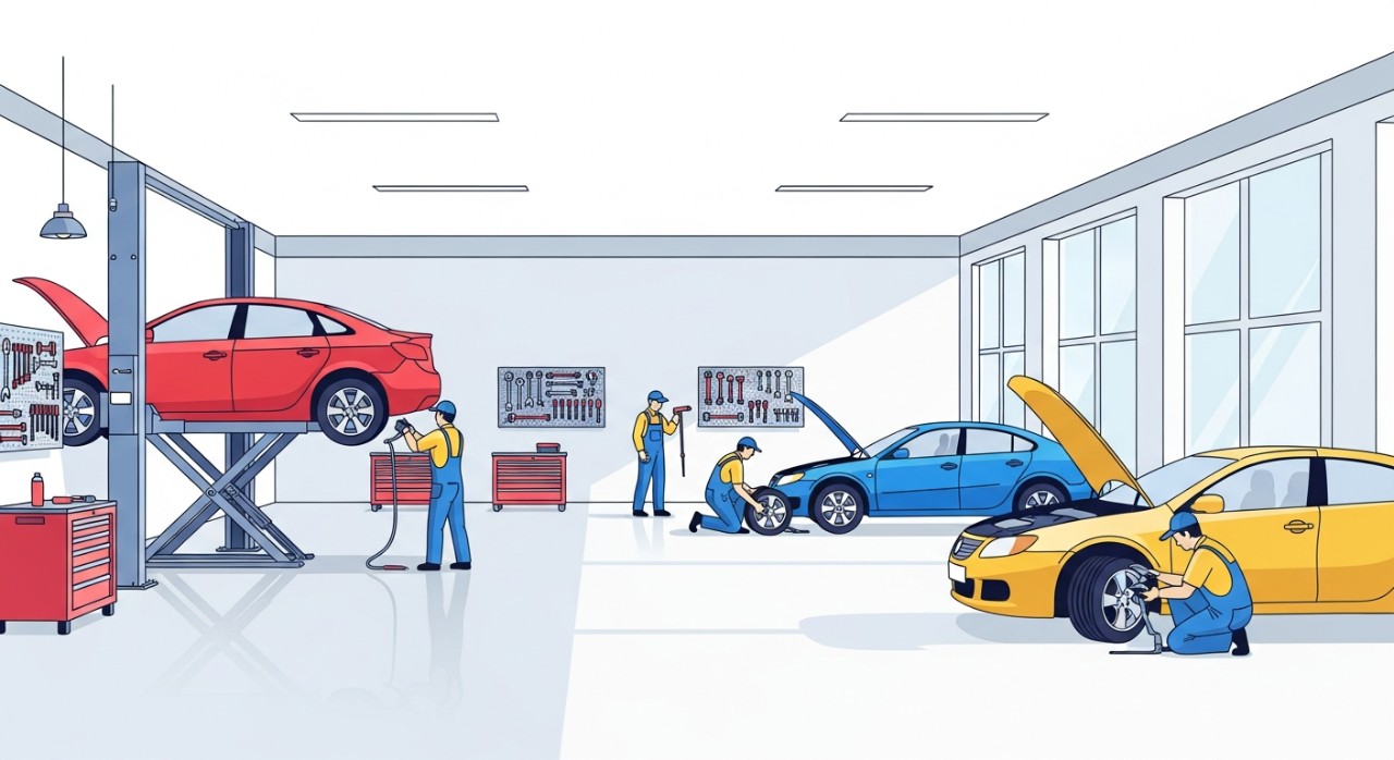 Sebuah bengkel kereta yang bersih dan moden dengan beberapa kereta sedang diservis.