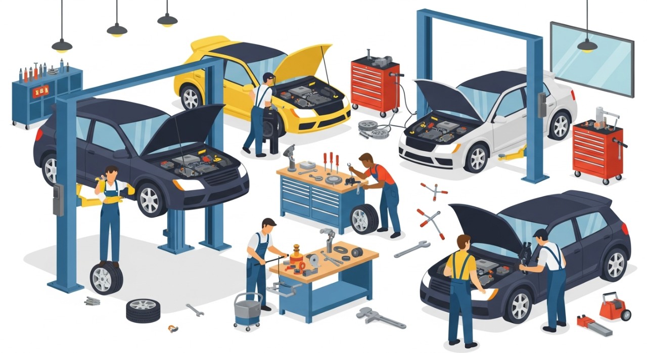 Pemandangan umum bengkel kereta yang sibuk dengan mekanik