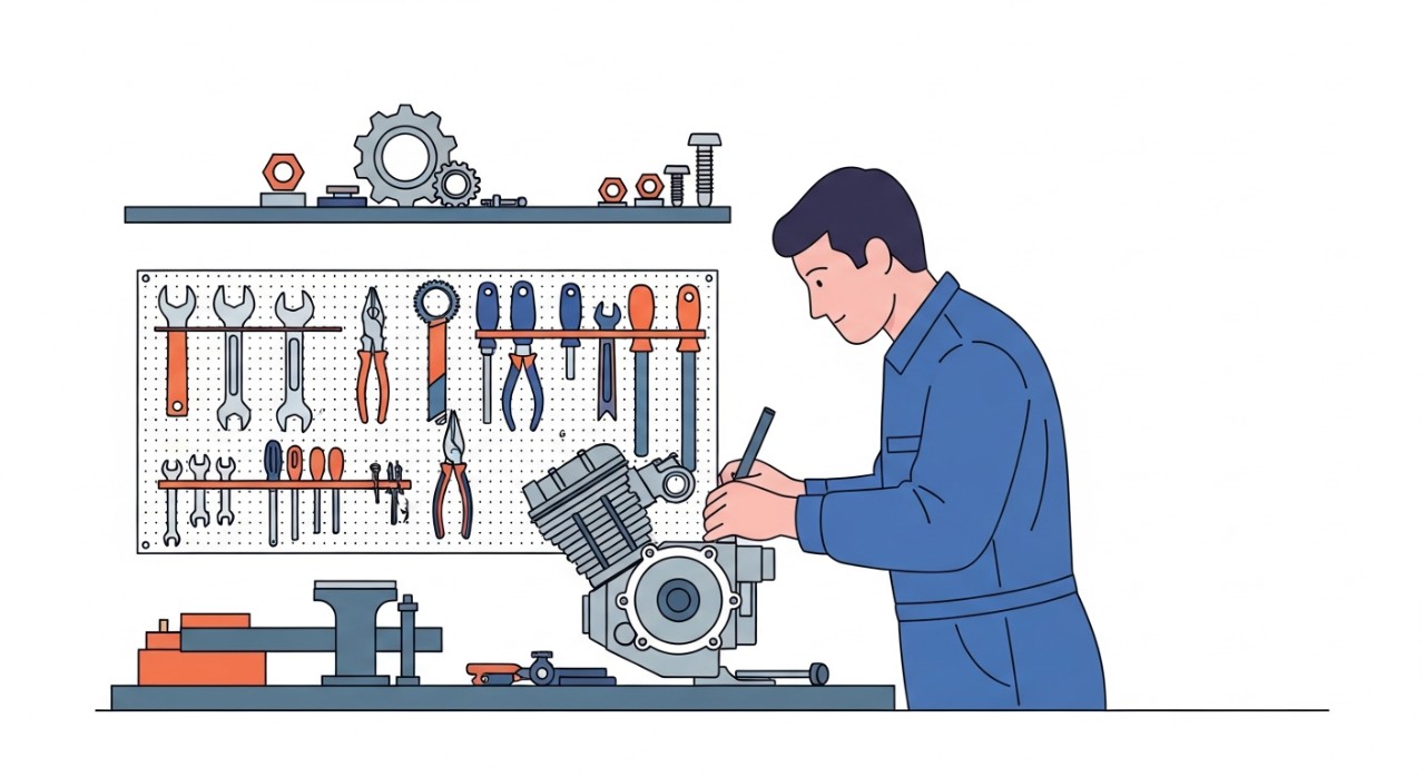 Seorang mekanik sedang menyelenggara enjin motosikal di dalam bengkel yang mempunyai pelbagai peralatan.