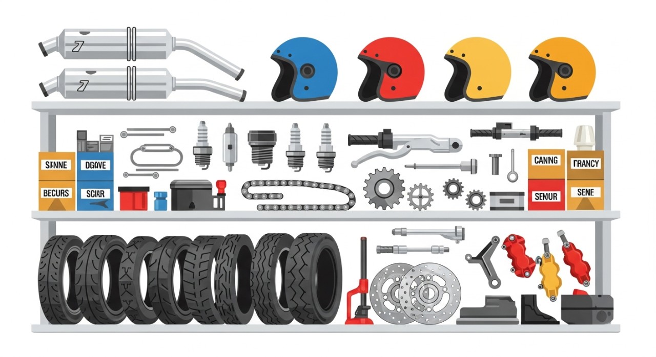 Rak yang penuh dengan berbagai jenis alat ganti dan aksesori untuk sepeda motor di bengkel.