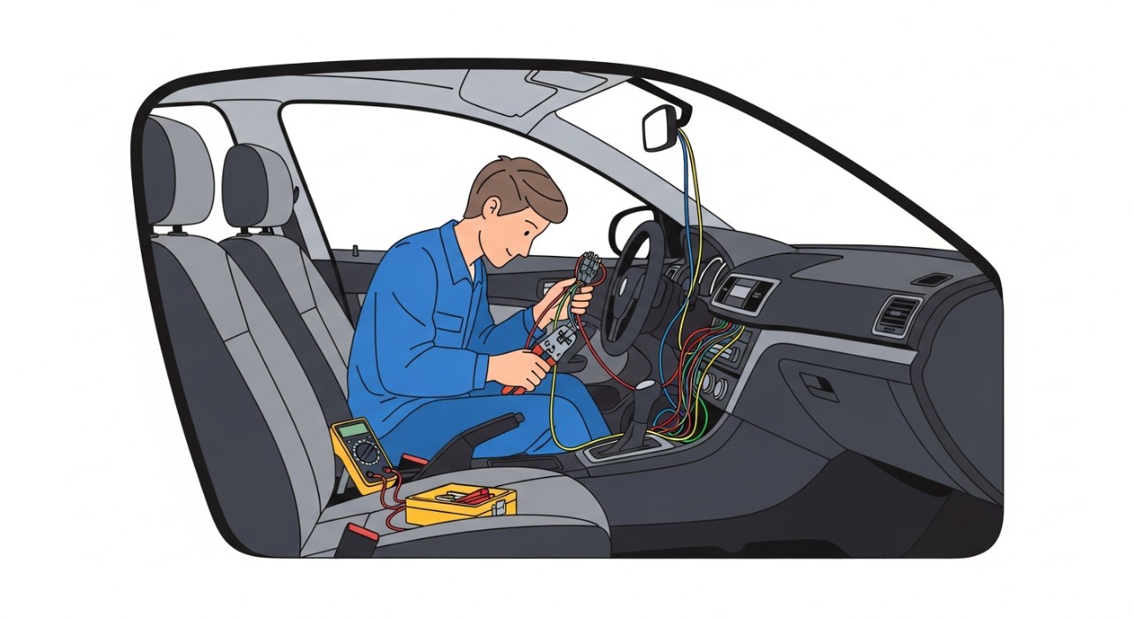 Seorang juruelektrik sedang membaiki sistem pendawaian di dalam kereta.