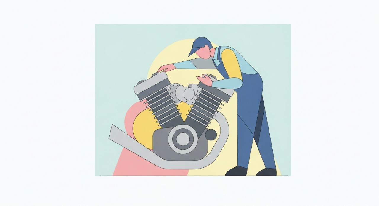 Seorang mekanik sedang memeriksa bahagian enjin motosikal dengan teliti di dalam sebuah bengkel.