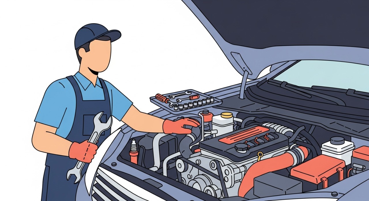 Seorang mekanik sedang fokus membaiki enjin kereta dengan peralatan di tangannya.