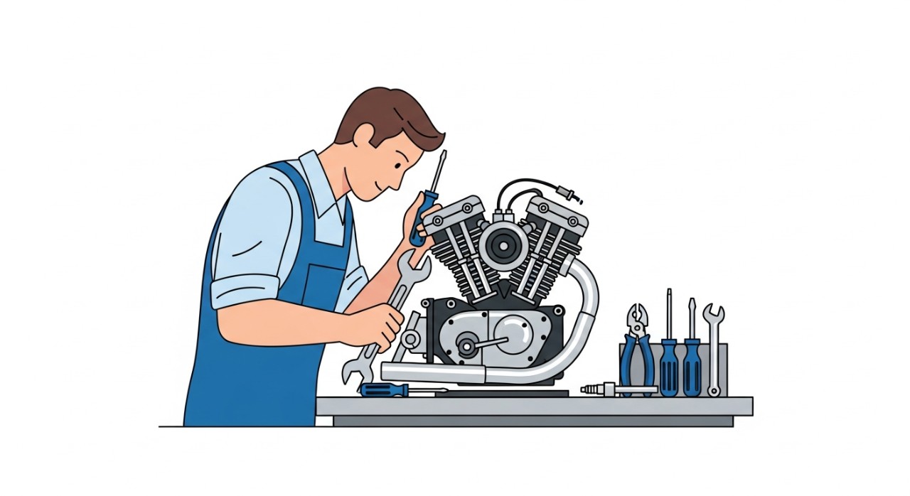 Seorang mekanik sedang fokus membaiki enjin motor klasik dengan teliti menggunakan peralatan tangan di bengkel.