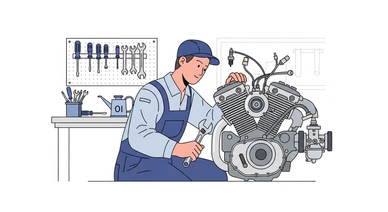 Seorang mekanik sedang memeriksa atau membaiki enjin motosikal dengan teliti.