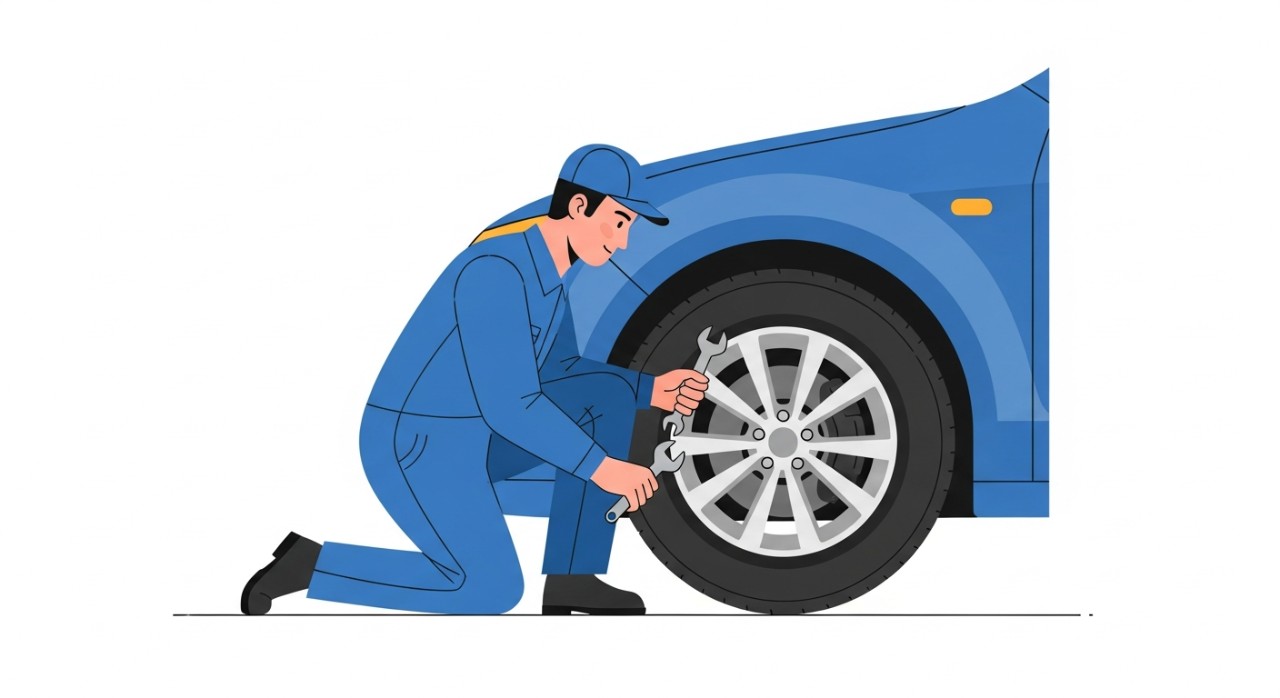 Seorang mekanik sedang memeriksa roda kereta di sebuah bengkel.