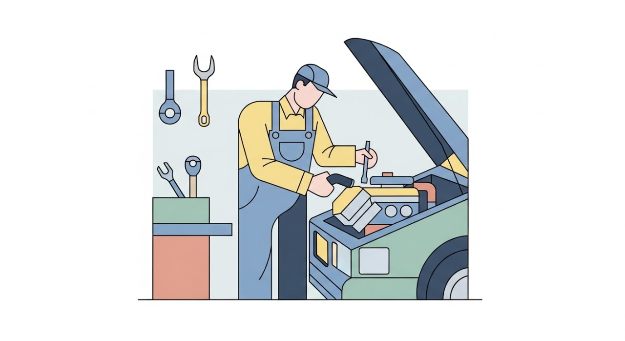 Seorang mekanik sedang melakukan kerja-kerja penyelenggaraan pada enjin kereta di dalam bengkel.