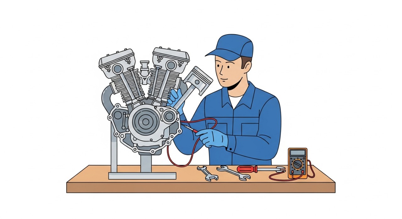 Seorang mekanik sedang fokus membaiki enjin motosikal di bengkel.