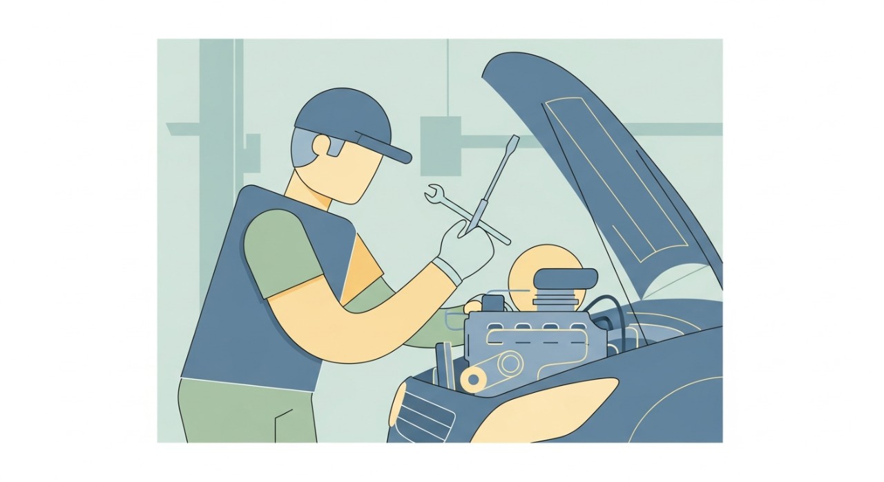 Seorang mekanik profesional sedang memeriksa bahagian enjin kereta di dalam sebuah bengkel yang lengkap.