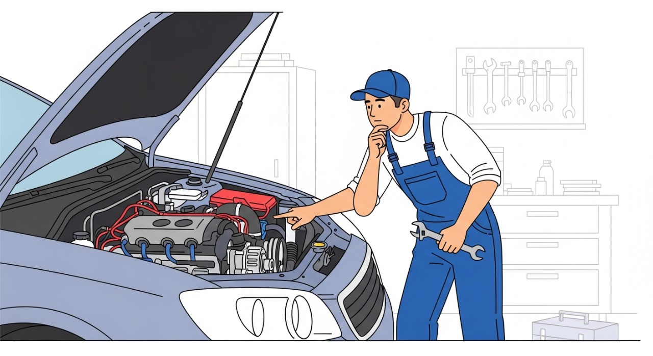 Seorang mekanik sedang memeriksa enjin kereta yang terbuka di dalam bengkel.