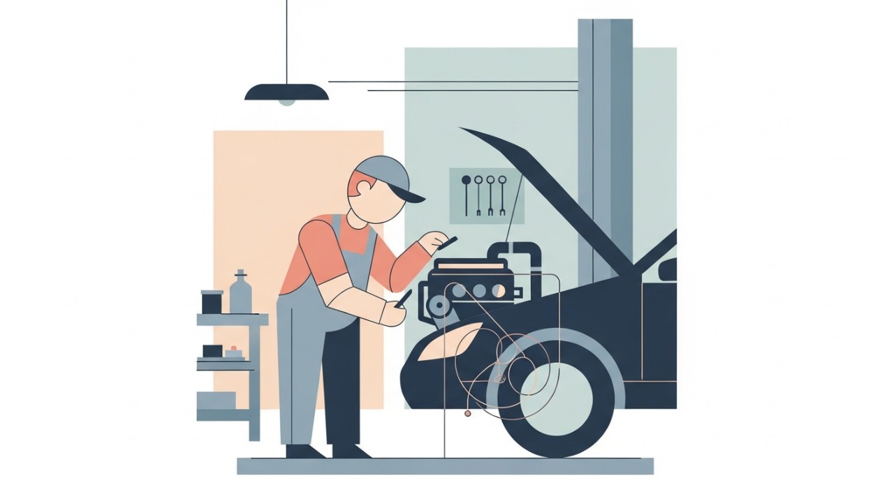 Seorang mekanik sedang tekun memeriksa bahagian enjin sebuah kereta di dalam bengkel.