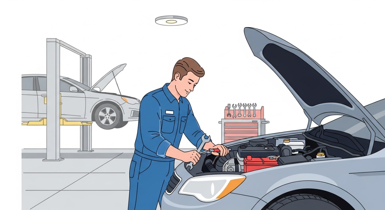 Seorang mekanik sedang membaiki bahagian enjin sebuah kereta di dalam bengkel.