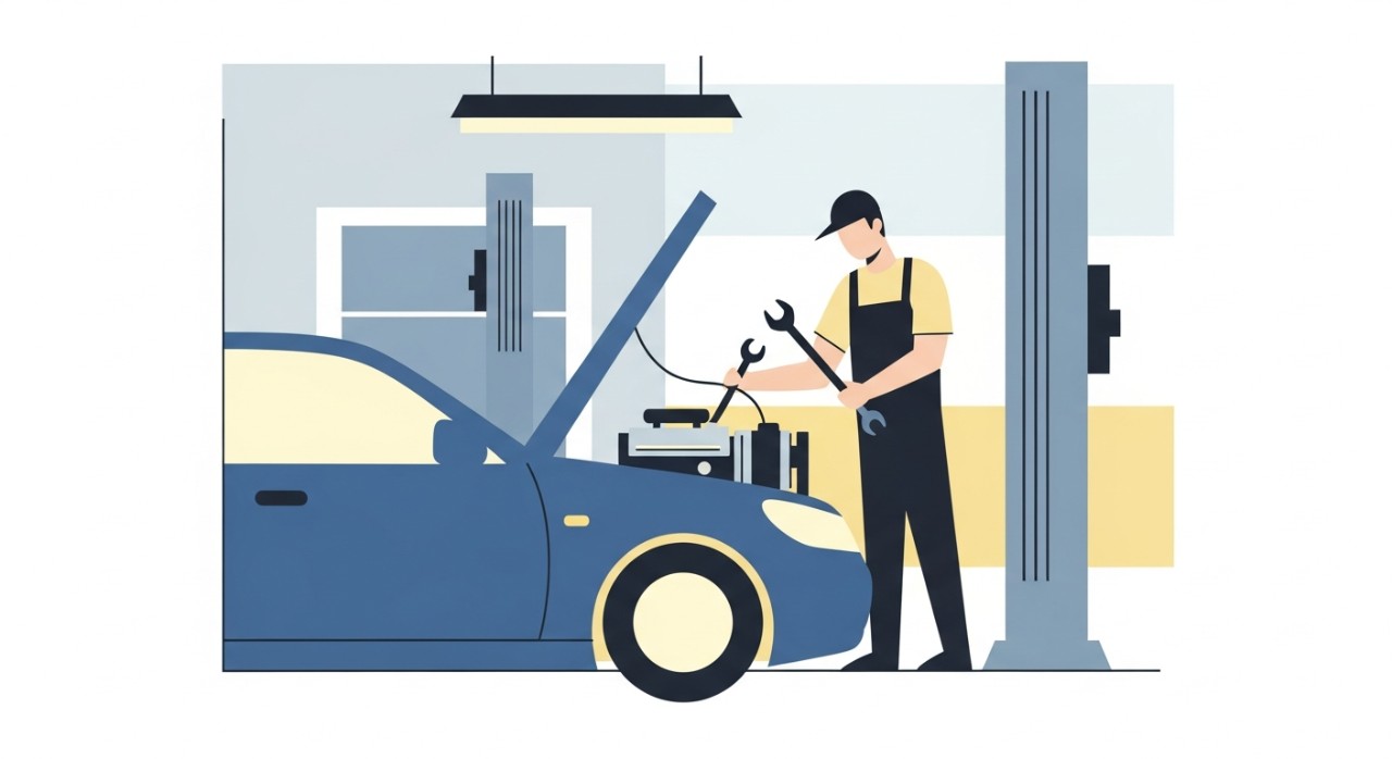 Seorang mekanik sedang tekun memeriksa komponen enjin kereta di dalam bengkel.