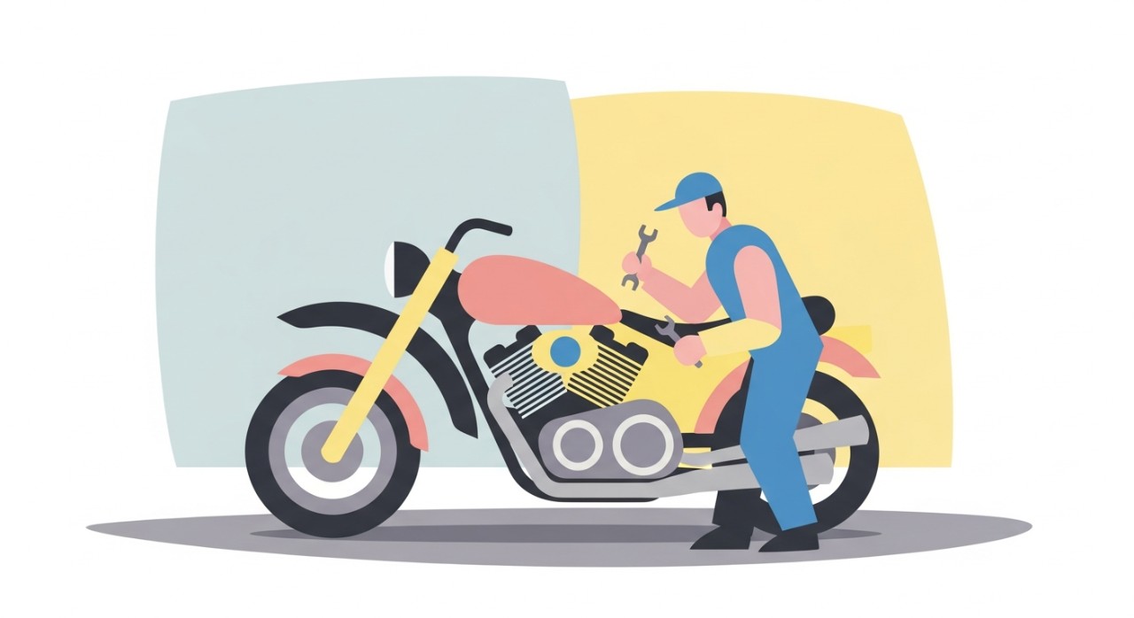 Seorang mekanik sedang memeriksa komponen enjin motosikal di dalam sebuah bengkel.