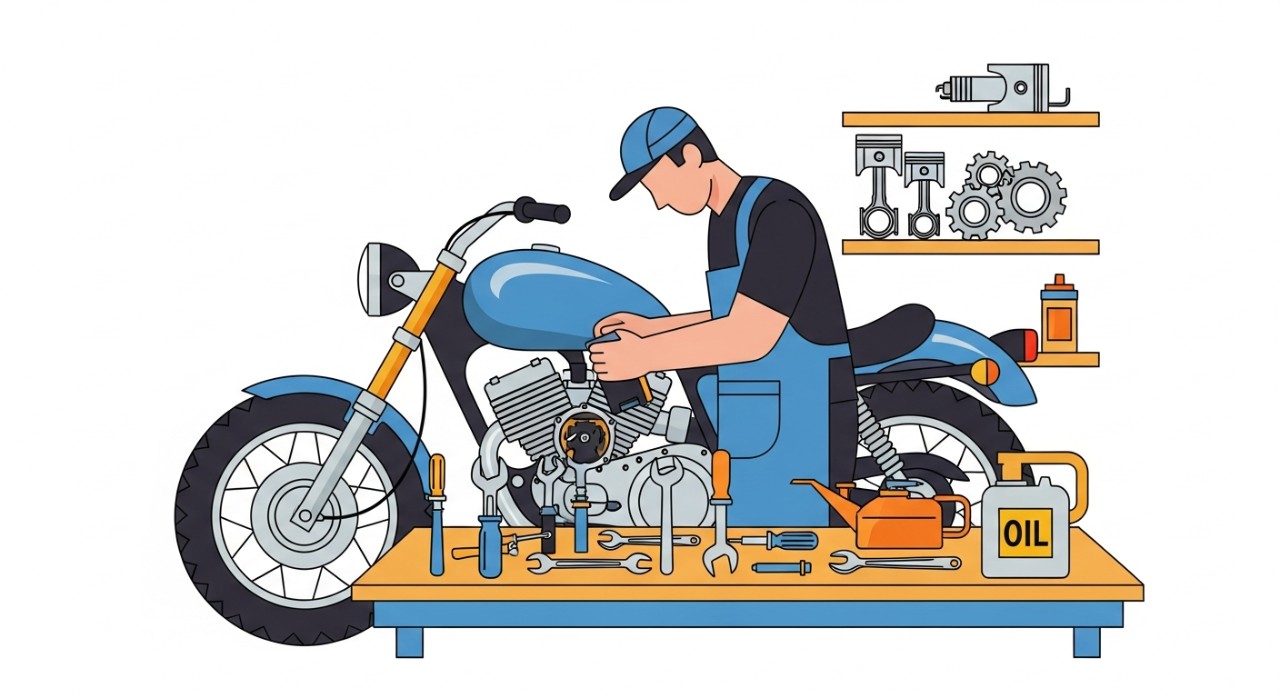 Seorang mekanik sedang memeriksa enjin motosikal di dalam sebuah bengkel yang terletak di Melaka.