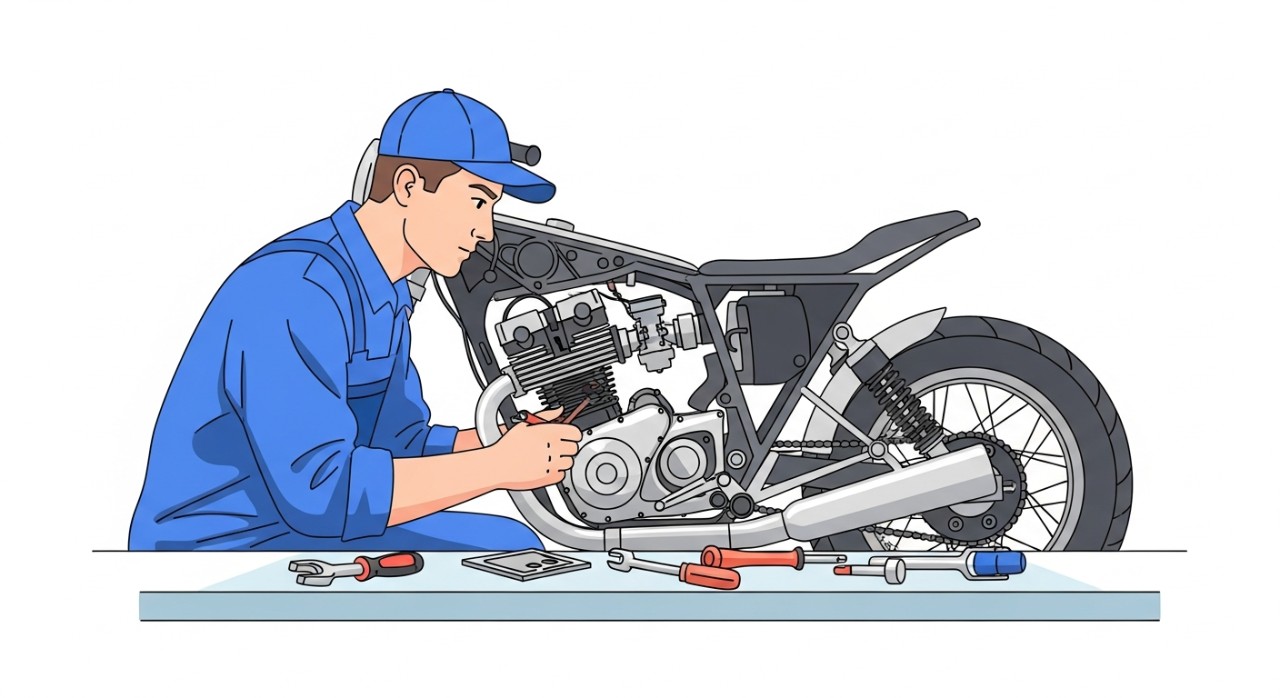 Seorang mekanik sedang fokus memperbaiki mesin sepeda motor di dalam bengkel.