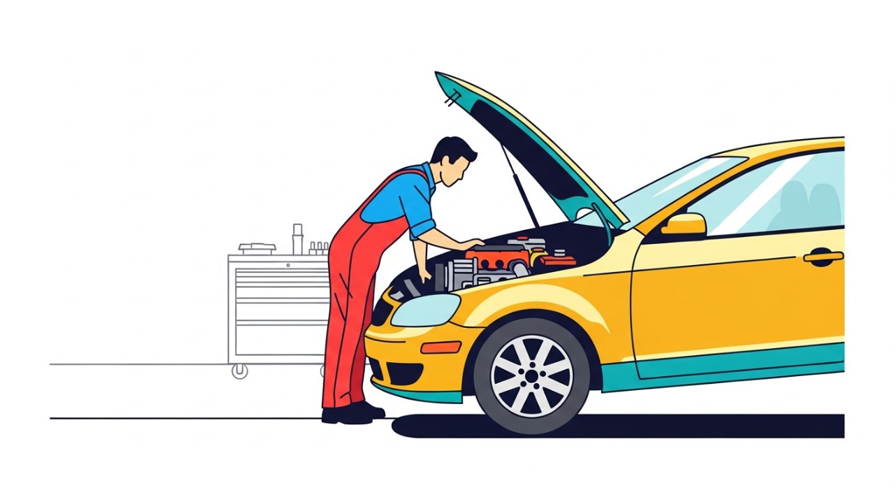 Seorang mekanik sedang memeriksa enjin kereta di bengkel.