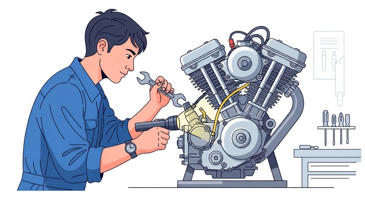 Seorang mekanik sedang fokus memeriksa enjin motor menggunakan peralatan khusus di bengkel.