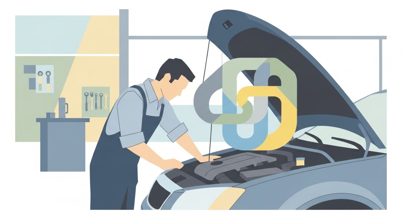 Seorang mekanik sedang memeriksa bahagian enjin sebuah kereta di dalam bengkel.