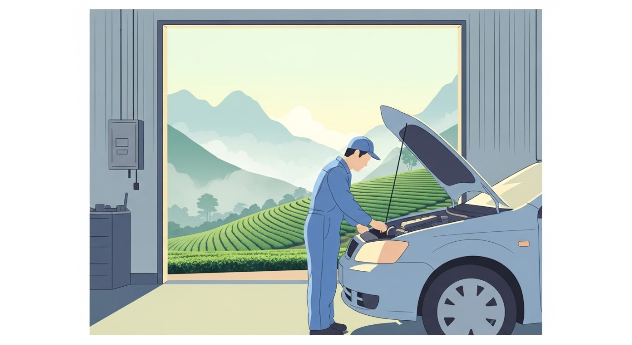 Seorang mekanik sedang memeriksa enjin kereta di sebuah bengkel dengan latar belakang perbukitan hijau yang berkabut