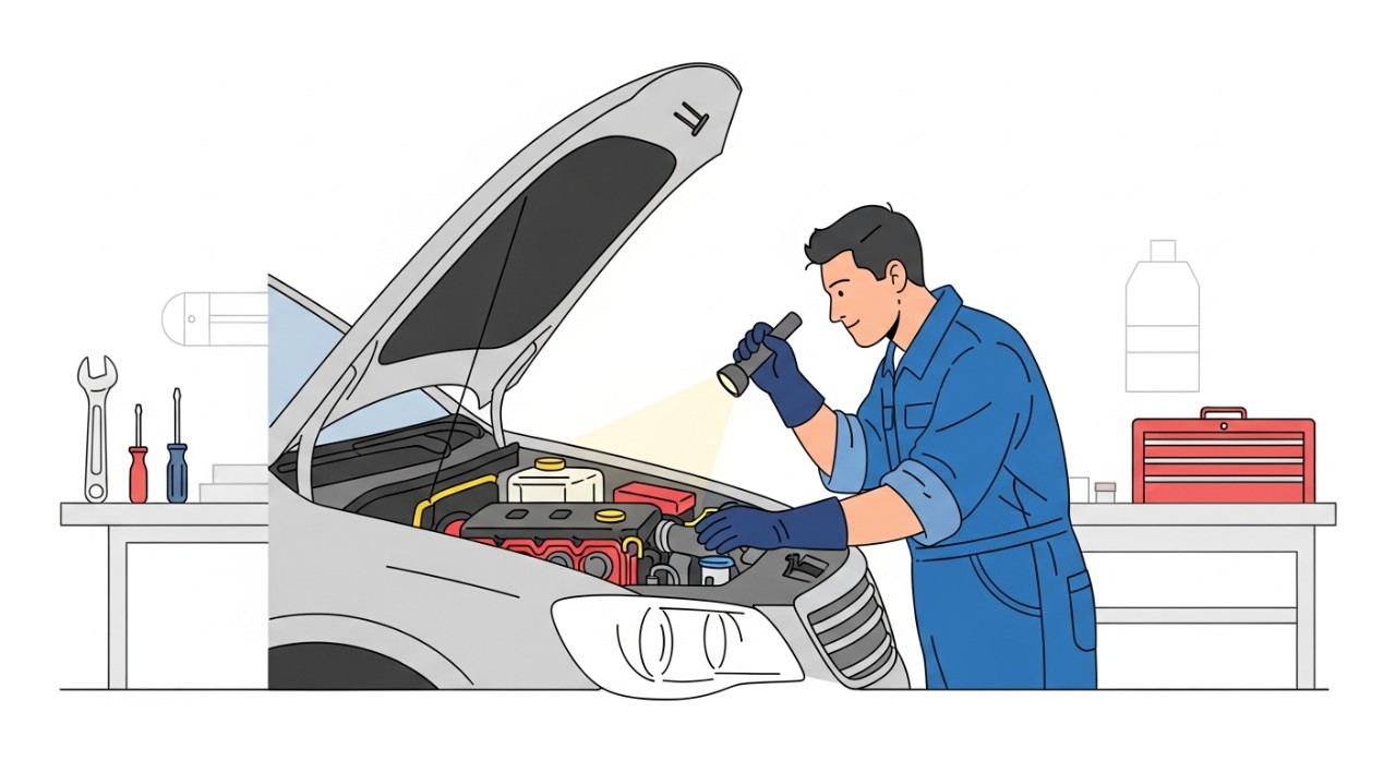 Seorang mekanik sedang melakukan pemeriksaan enjin kereta di dalam bengkel